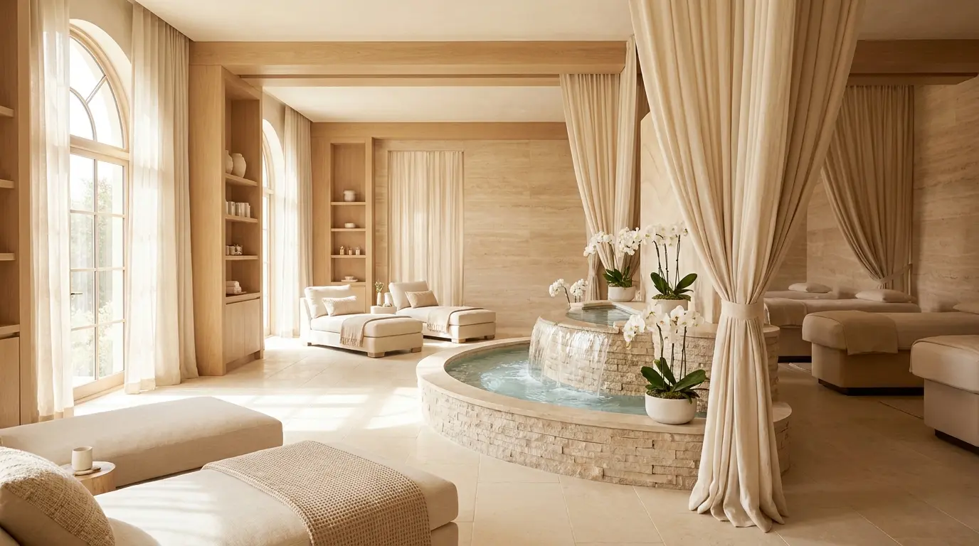 Light filled wellness sanctuary with warm timber, linen and a central water feature